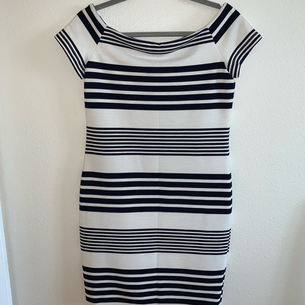 Navy blue and white striped dress